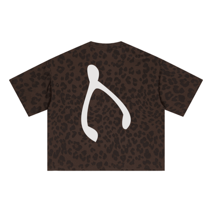 240GSM Unisex Boxy Leopard Print Heat-Transfer Loose T-shirt Coffee 